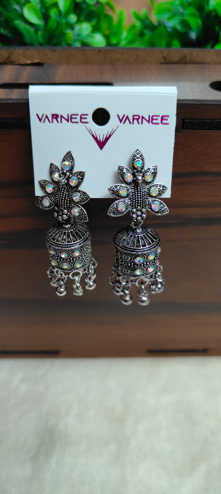 Oxidised Floral Stone Jhumka Earrings
