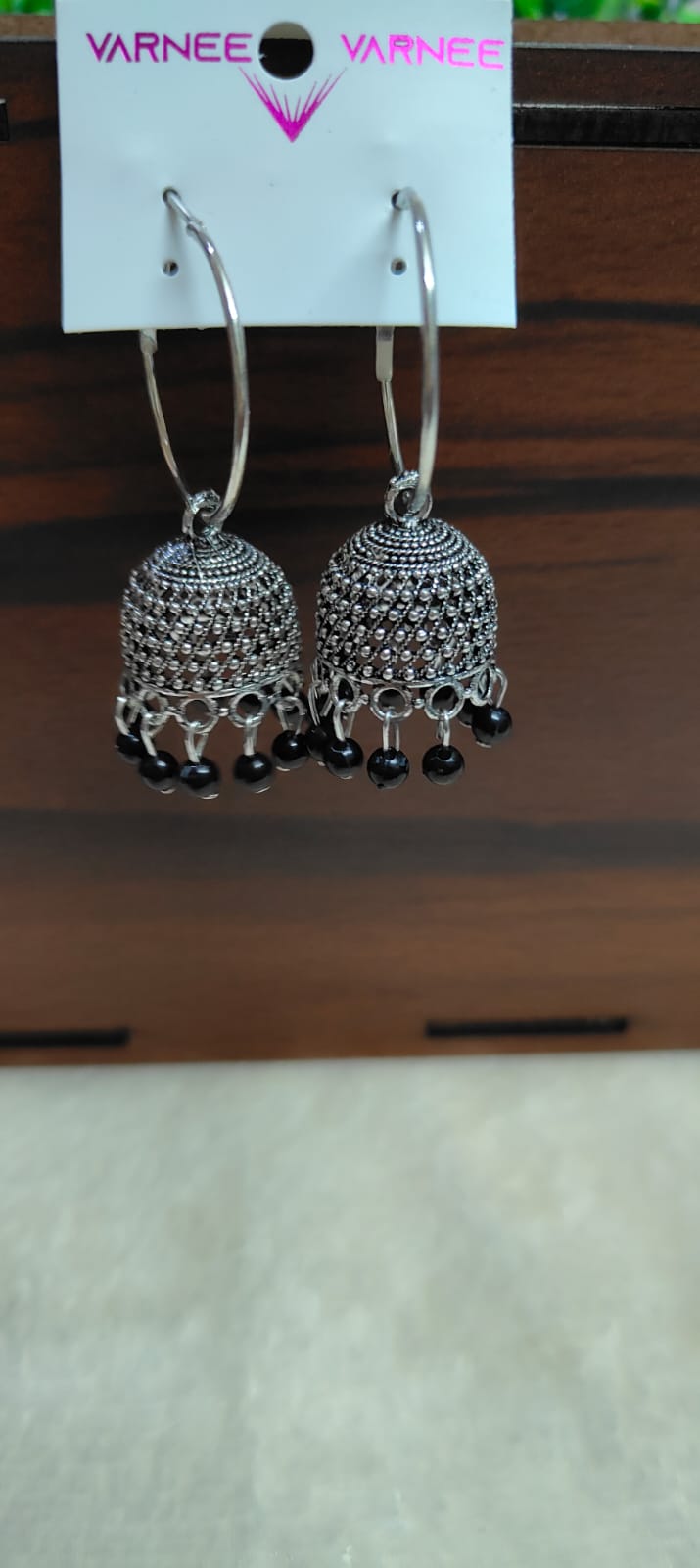 Oxidised Hoop Jhumka Earrings with Black Beads
