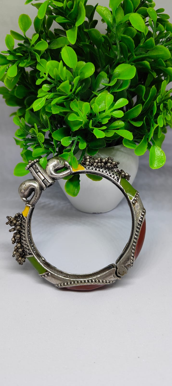 Handcrafted Oxidized Silver Kada with Multicolor Enamel Accents