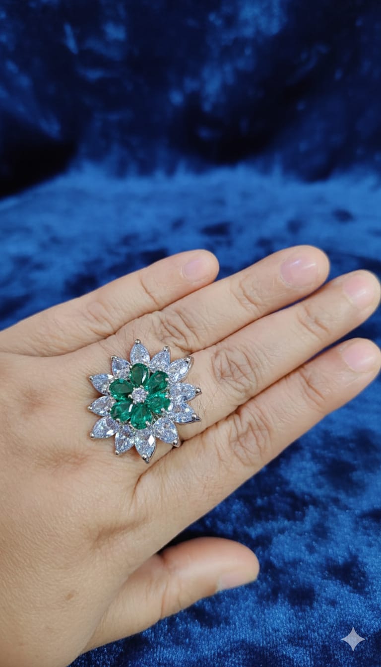 Green Bloom American Diamond Statement Ring