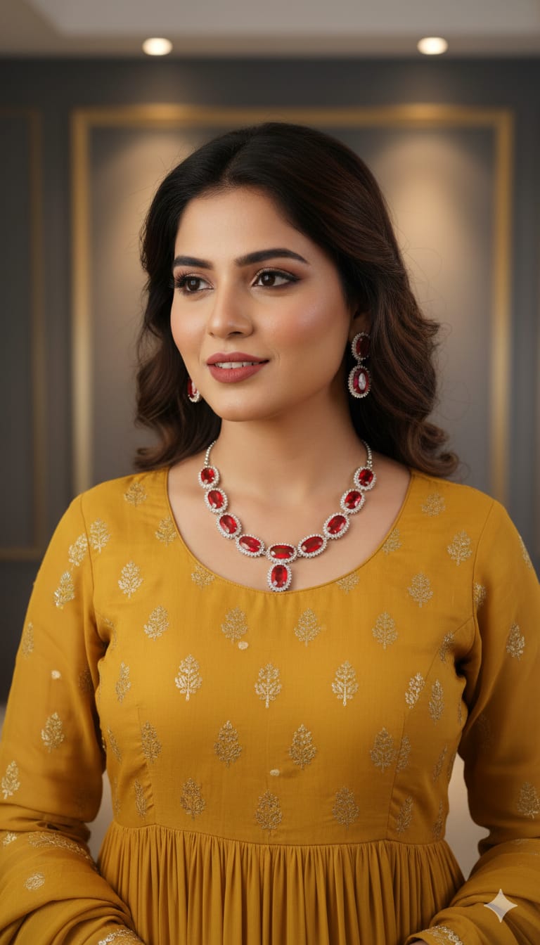 Ruby Red Oval American Diamond Necklace Set