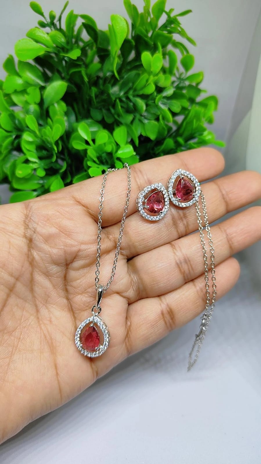 Ruby Red Teardrop Halo Pendant Set