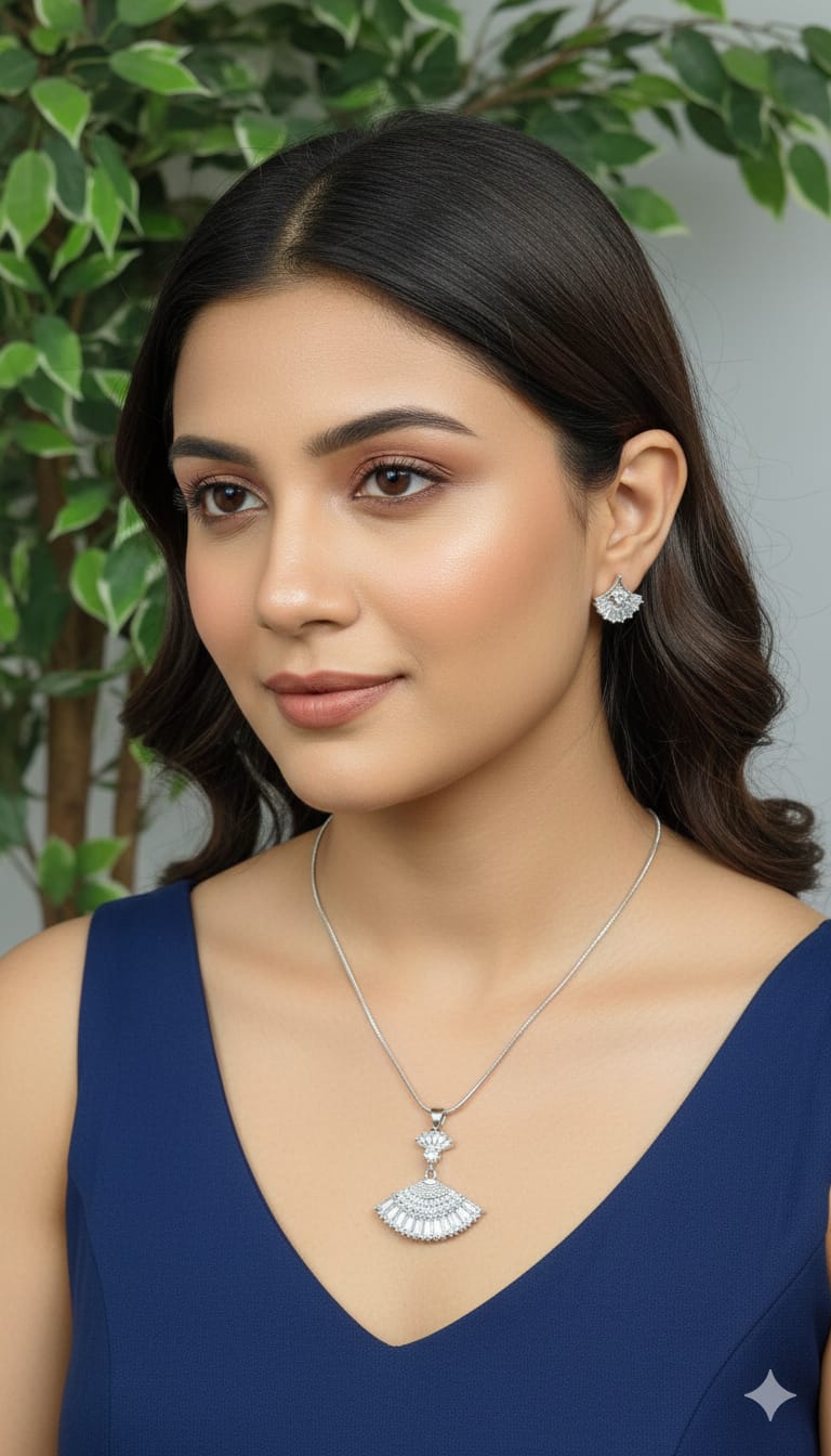 Sparkling Fan-Design Diamond Pendant Set