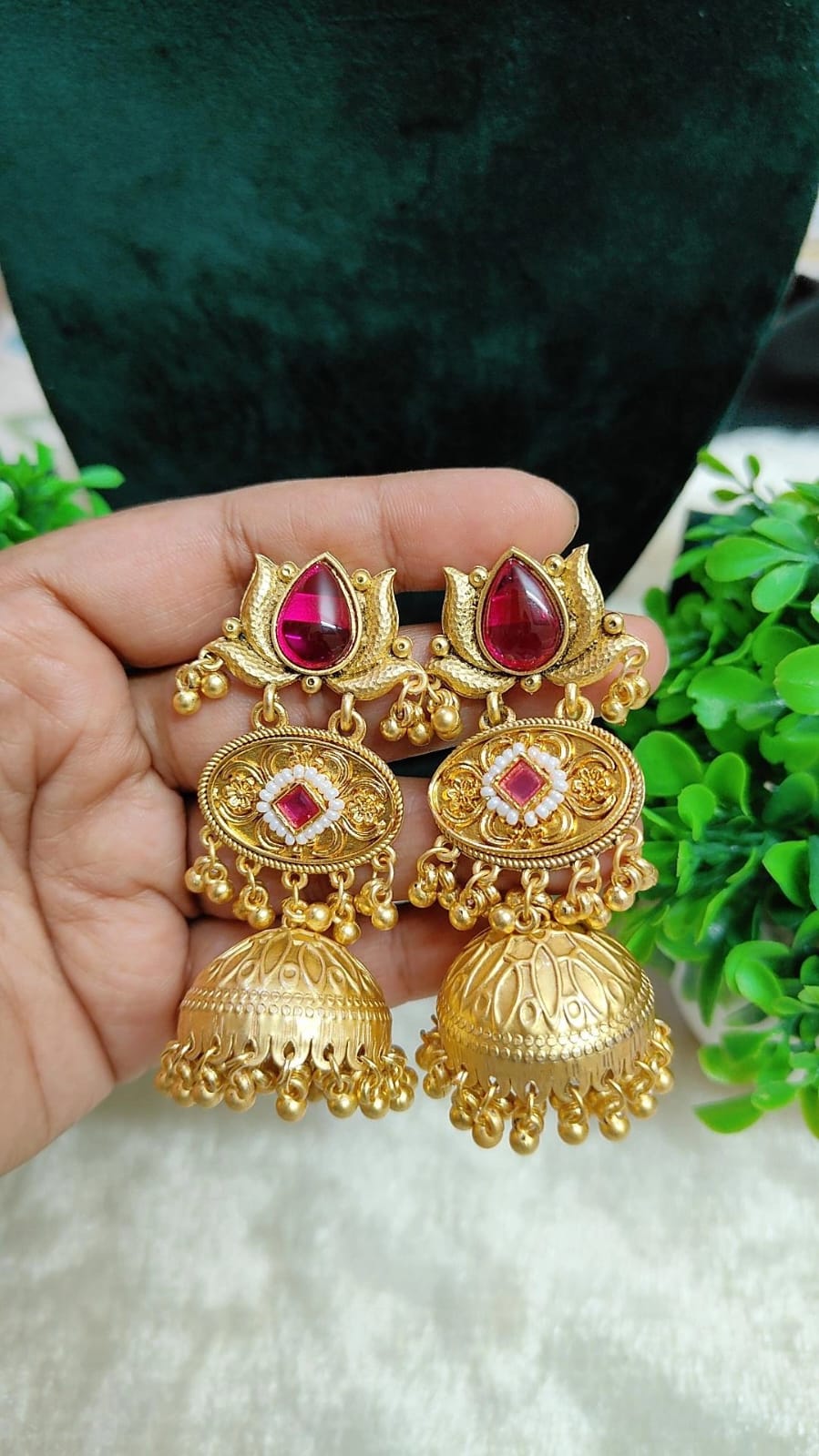 Kashmiri Heritage Ruby Stone Jhumka Earrings