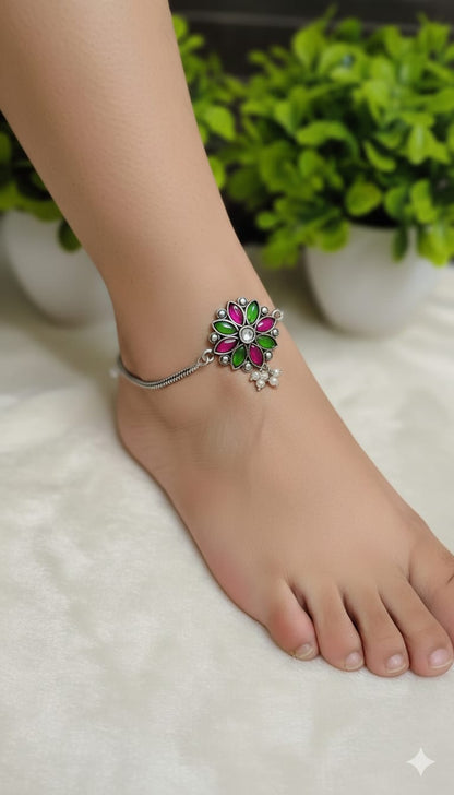 Floral Charm German Silver Anklet