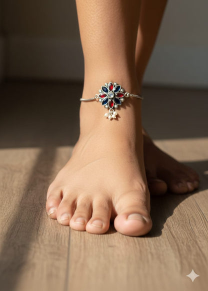 Floral Charm German Silver Anklet