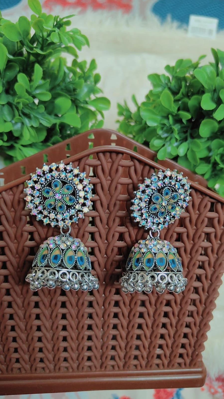 Peacock Stone Oxidised Jhumka Earrings