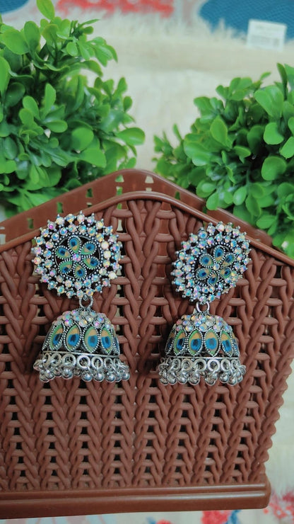 Peacock Stone Oxidised Jhumka Earrings