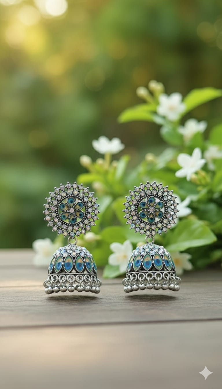 Peacock Stone Oxidised Jhumka Earrings