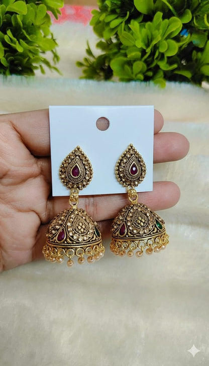 Antique Gold Kundan Jhumka Earrings