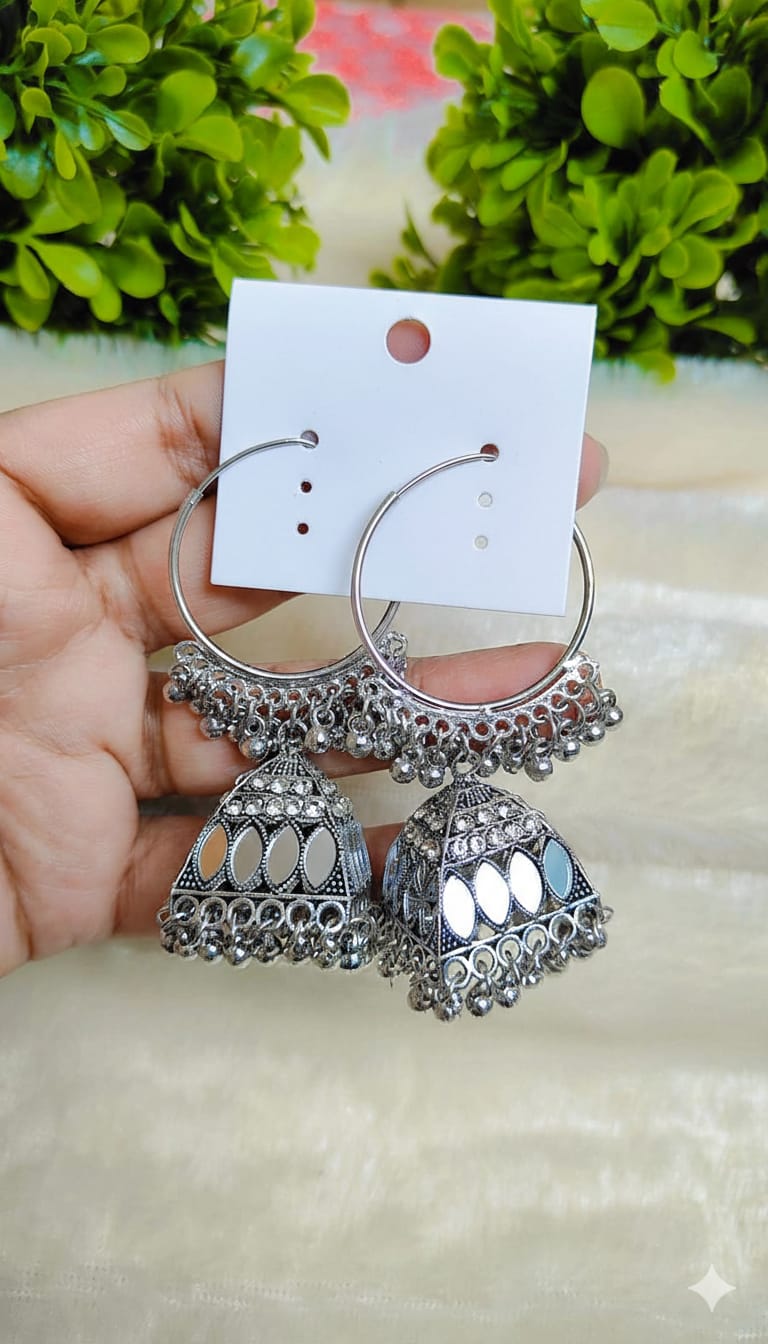 Oxidised Mirror Work Jhumka Hoop Earrings
