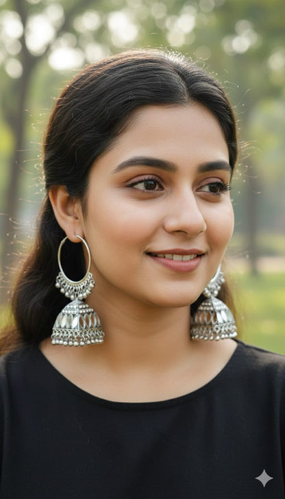 Oxidised Mirror Work Jhumka Hoop Earrings