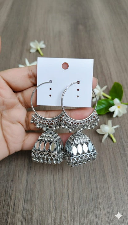 Oxidised Mirror Work Jhumka Hoop Earrings
