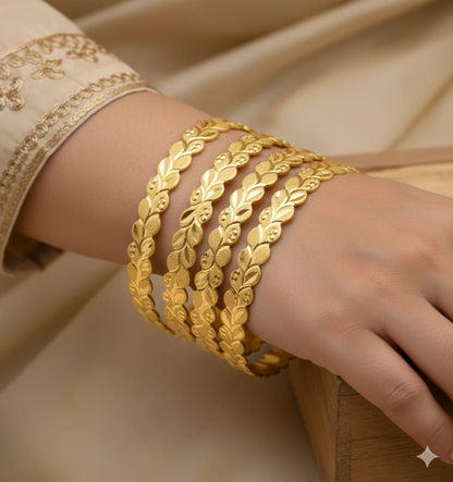 Golden Leaf Motif Bangles - Set Of 4 Bangles
