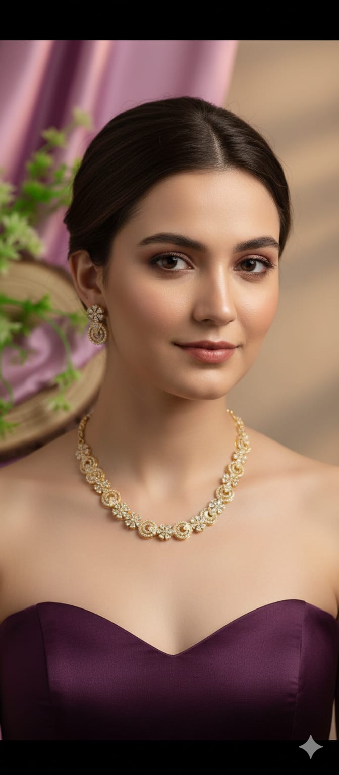 Radiant Bloom Stone-Studded Gold Polish Necklace Set