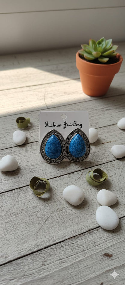 Stone Oxidised Tear Drop Stud Earrings