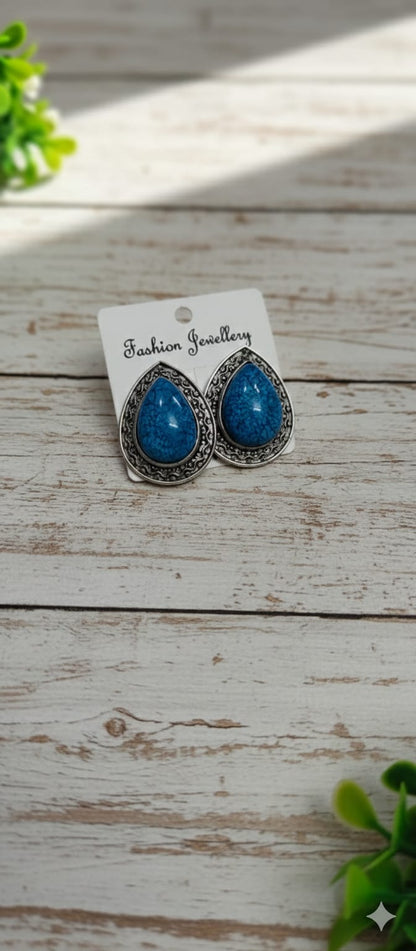 Stone Oxidised Tear Drop Stud Earrings