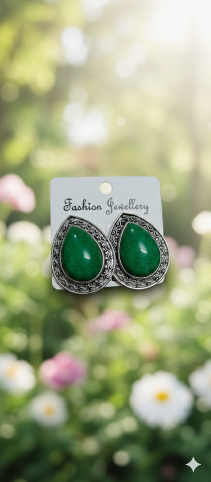 Stone Oxidised Tear Drop Stud Earrings