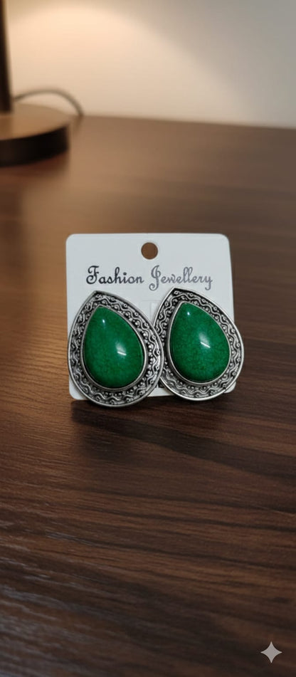 Stone Oxidised Tear Drop Stud Earrings