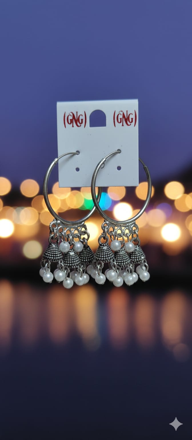 Silver-Toned Oxidized Bali Jhumka Earrings with Pearl Accents