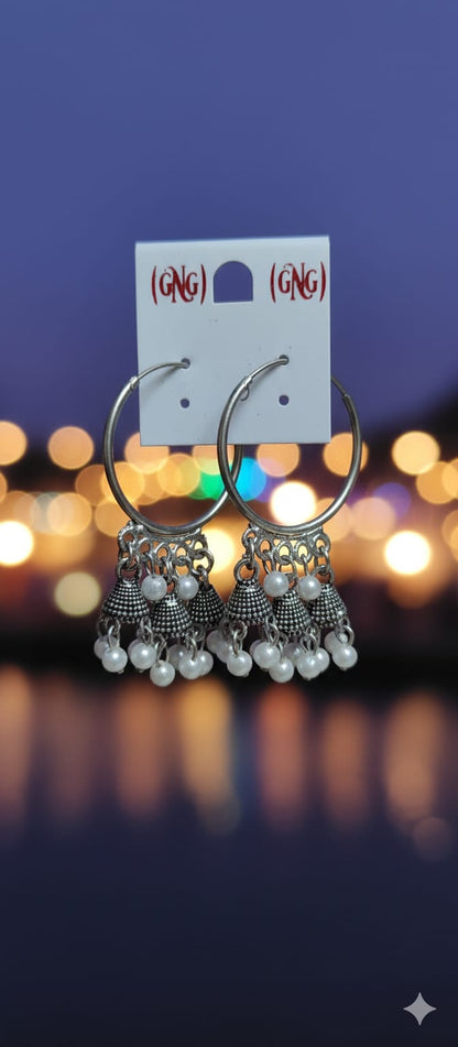 Silver-Toned Oxidized Bali Jhumka Earrings with Pearl Accents
