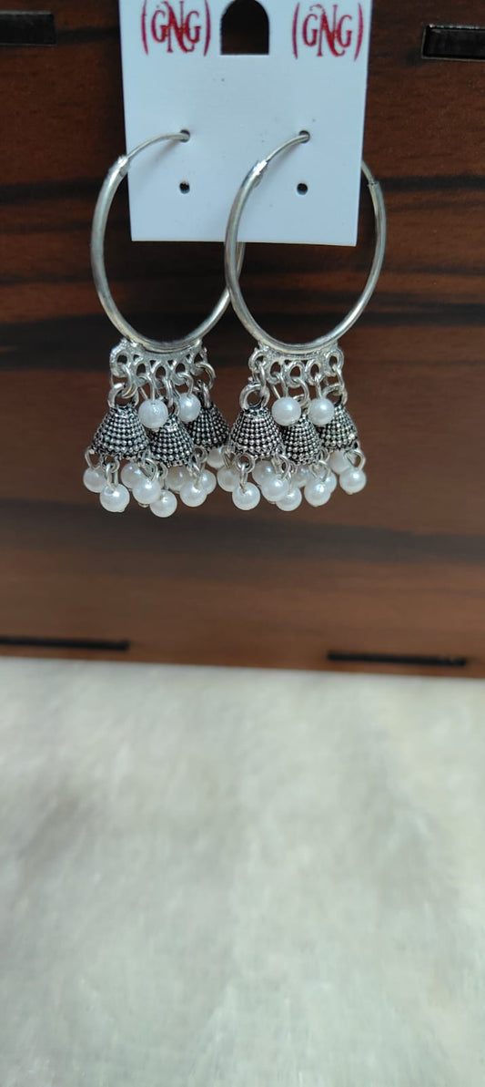 Silver-Toned Oxidized Bali Jhumka Earrings with Pearl Accents
