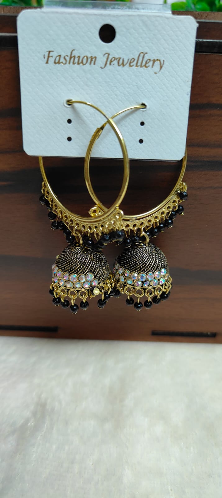 Gold Hoop Black Beaded Jhumka Earrings