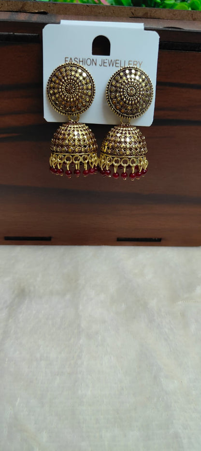 Antique Gold Mirror Work Jhumka Earrings