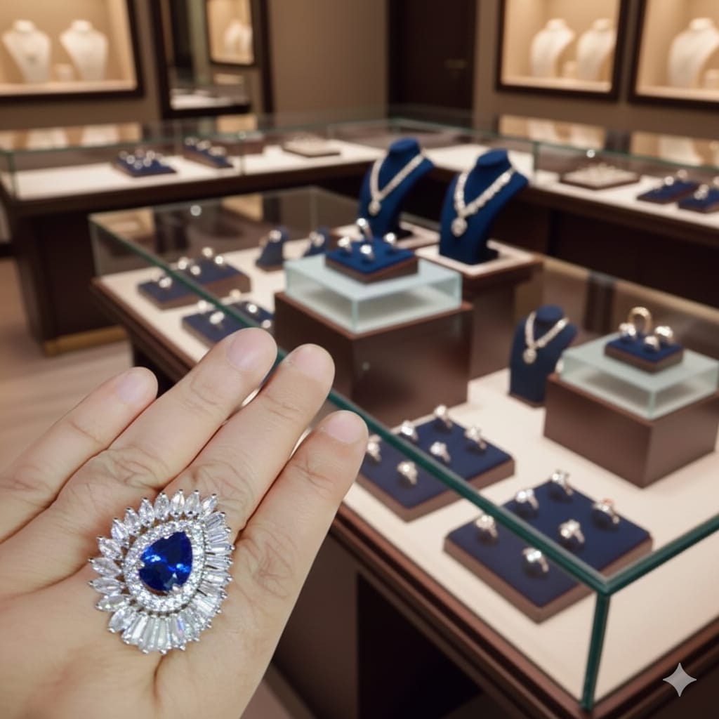 Azure Teardrop Halo Statement Ring