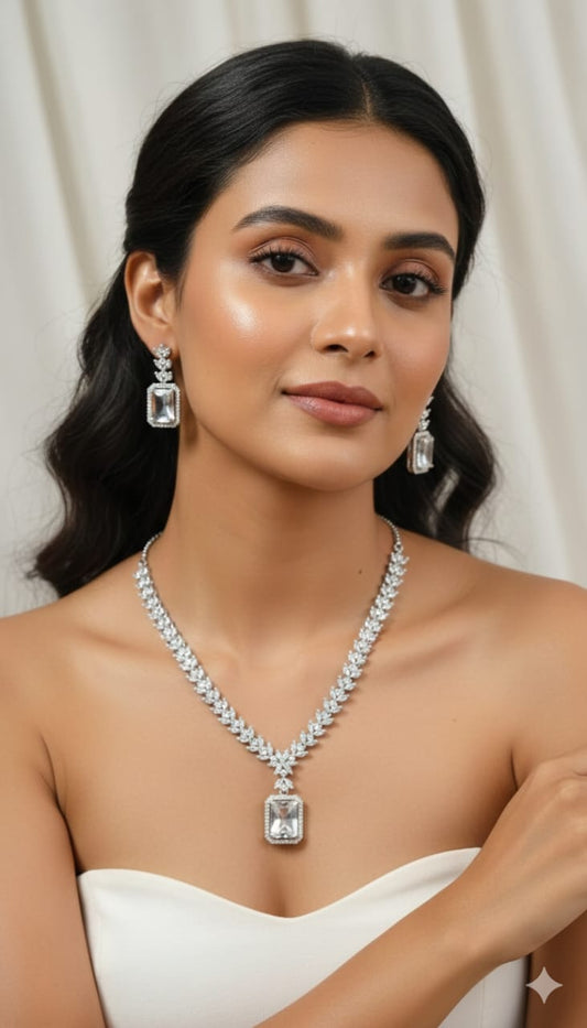 Elegant Crystal Leaf Pendant Necklace Set