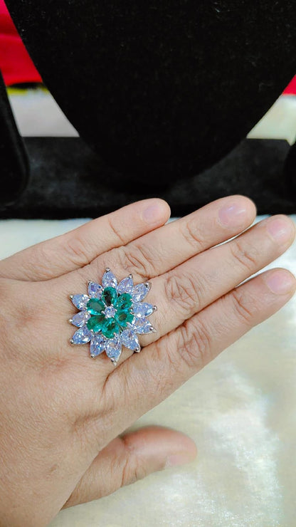 Green Bloom American Diamond Statement Ring