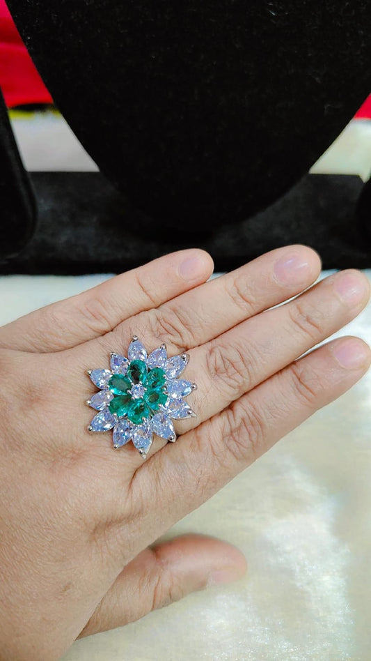 Green Bloom American Diamond Statement Ring