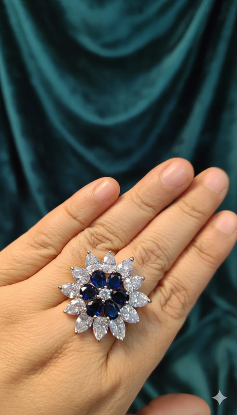 Blue Bloom American Diamond Statement Ring
