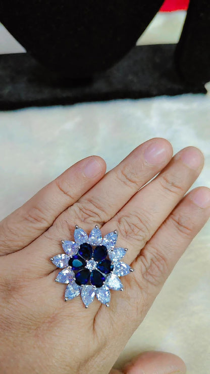 Blue Bloom American Diamond Statement Ring