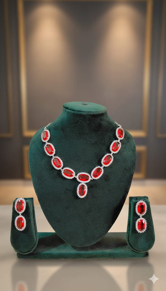 Ruby Red Oval American Diamond Necklace Set