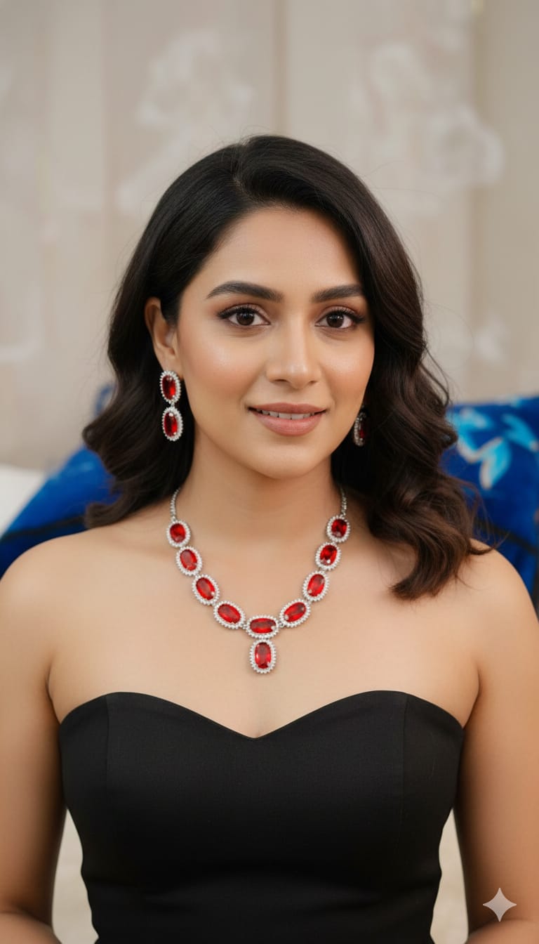 Ruby Red Oval American Diamond Necklace Set