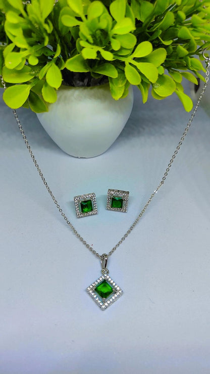 Emerald Green Square Halo Pendant Set