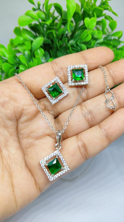 Emerald Green Square Halo Pendant Set