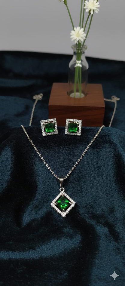 Emerald Green Square Halo Pendant Set