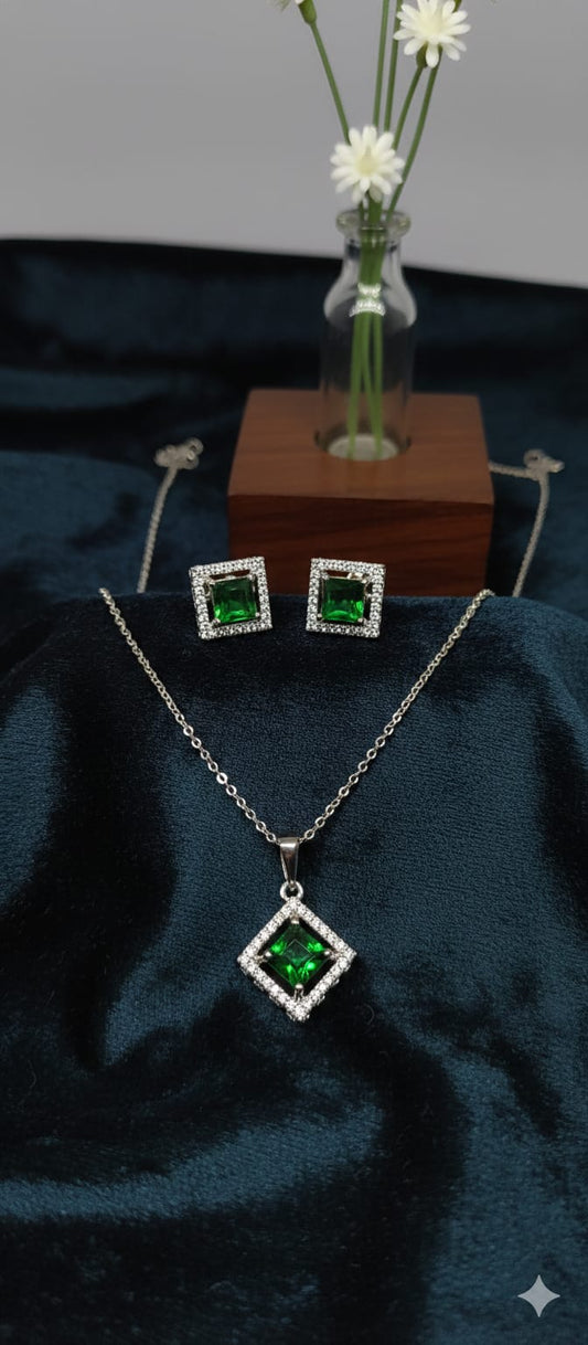 Emerald Green Square Halo Pendant Set