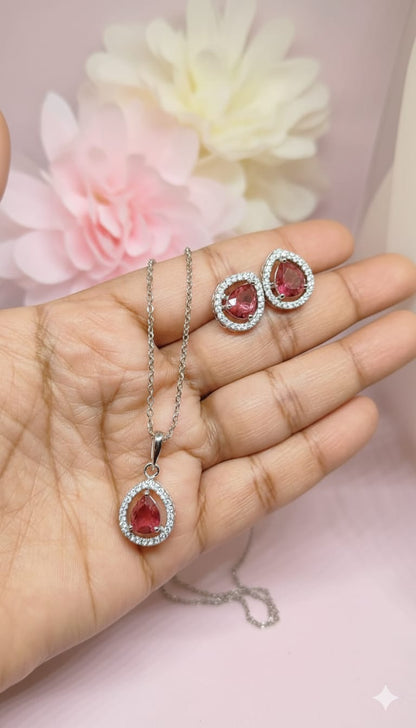Ruby Red Teardrop Halo Pendant Set