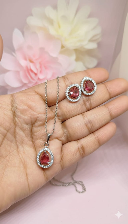 Ruby Red Teardrop Halo Pendant Set