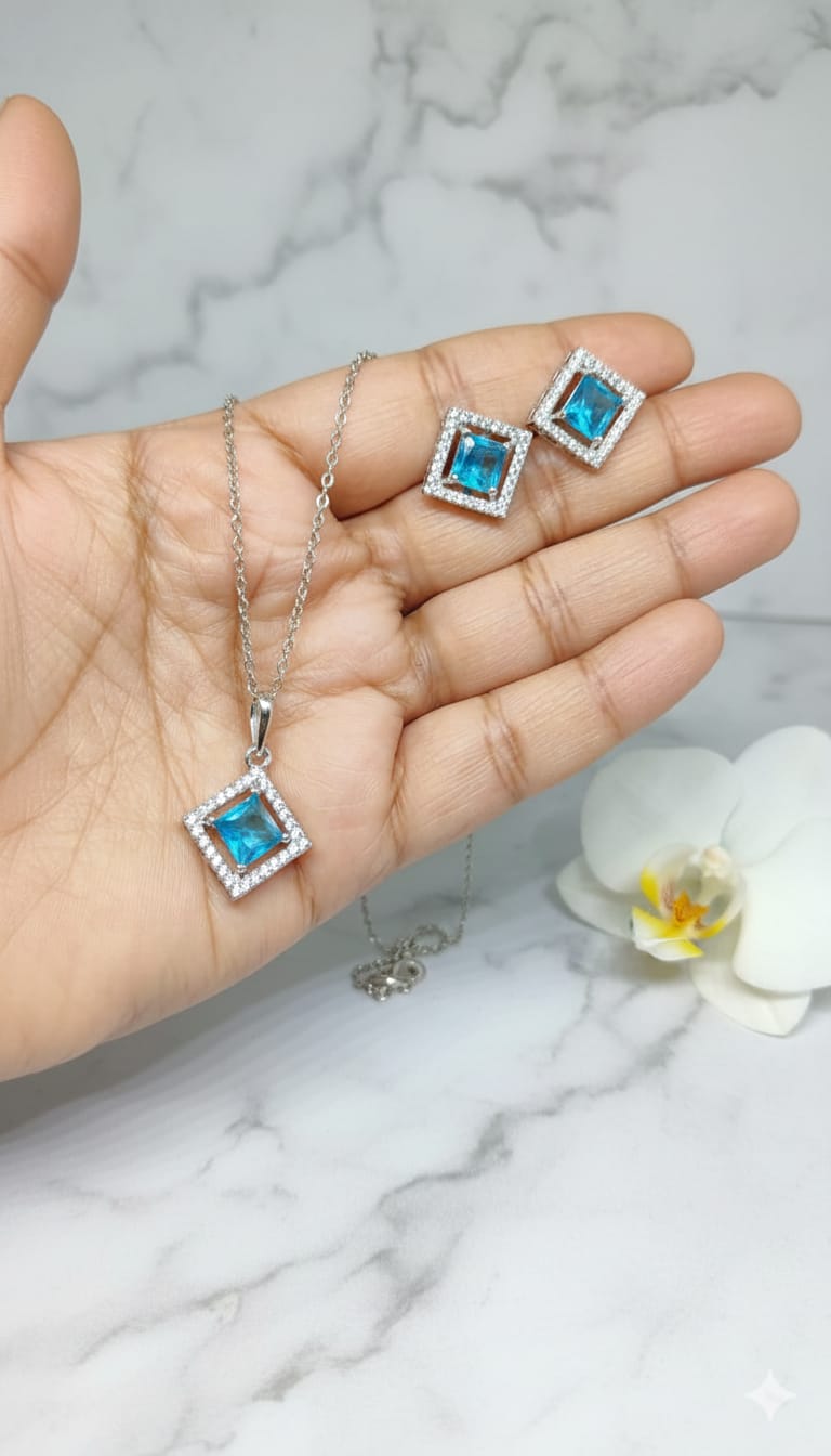 Azure Square Diamond Pendant Set