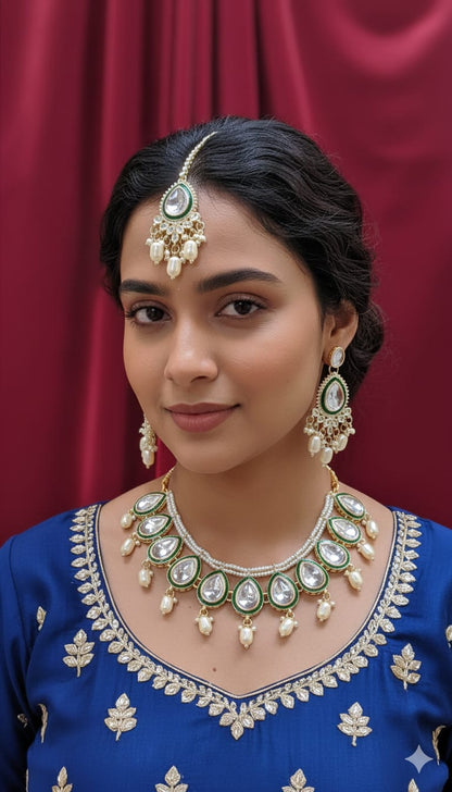 Emerald Kundan Pearl Drop Necklace Set