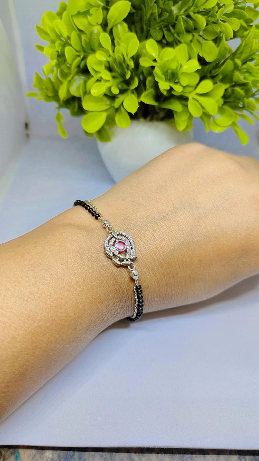 Elegant Floral Hand Mangalsutra with Pink Stone