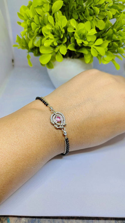 Elegant Floral Hand Mangalsutra with Pink Stone