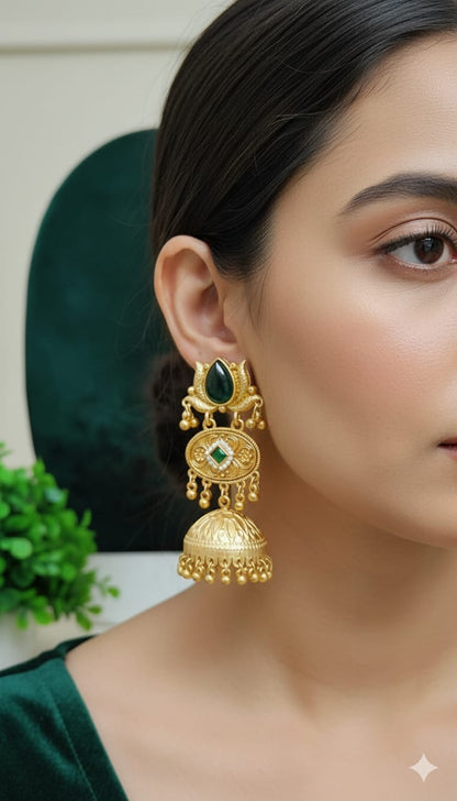 Kashmiri Heritage Green Stone Jhumka Earrings