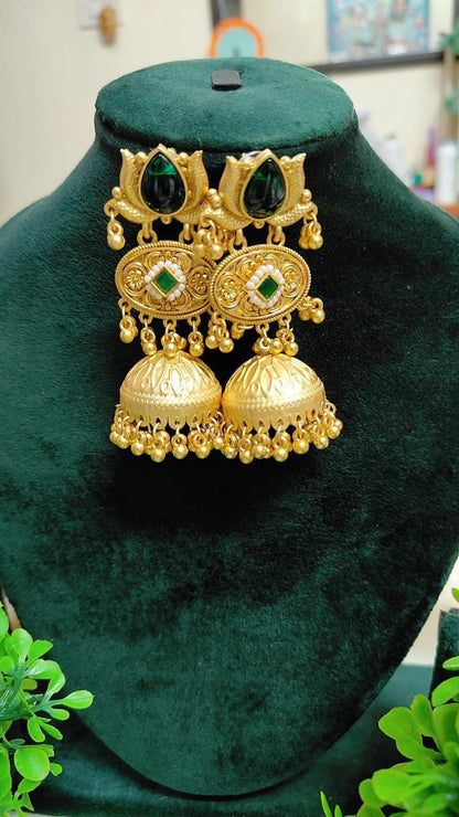 Kashmiri Heritage Green Stone Jhumka Earrings