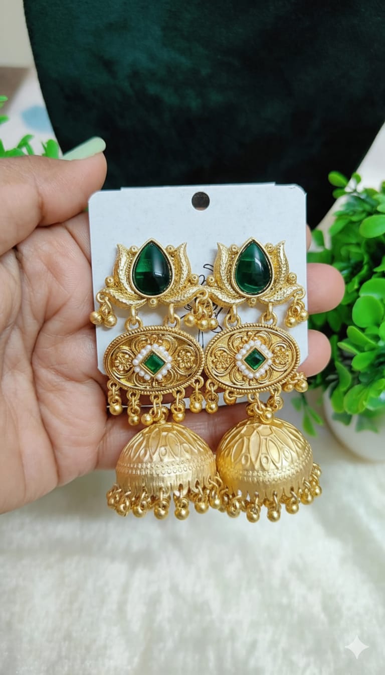 Kashmiri Heritage Green Stone Jhumka Earrings