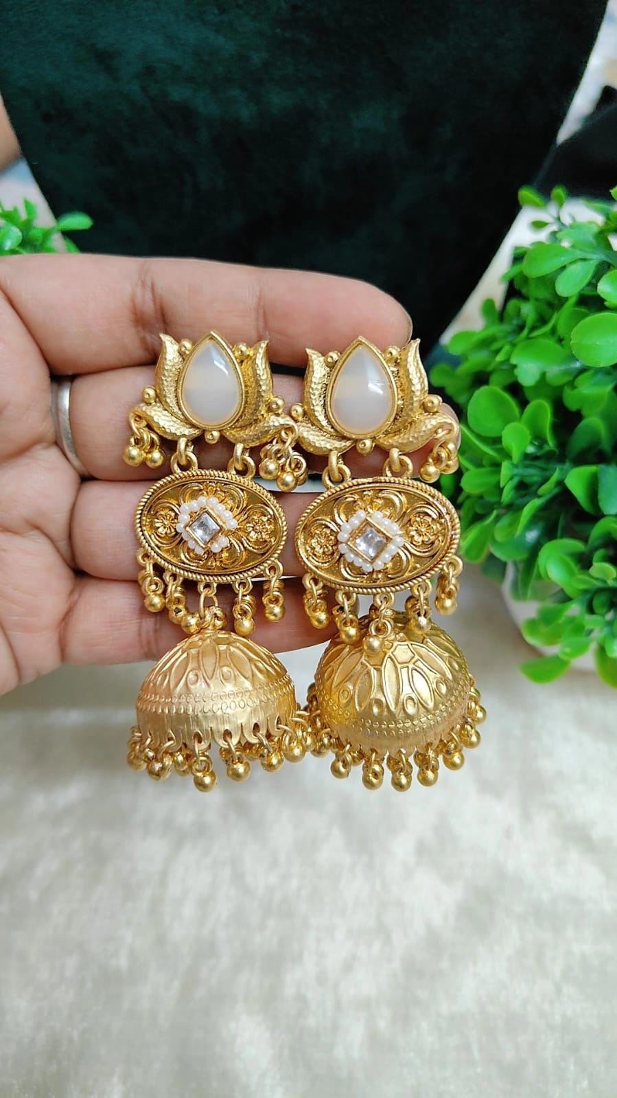Kashmiri Heritage White Stone Jhumka Earrings